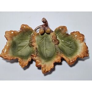 Vintage Majolica Style Ceramic Oak Leaf Acorn 3 Section Relish Dish Fall Tray